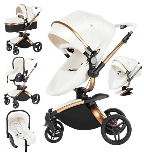 Magic ZC 360° Drehbarer PU-Leder Kinderwagen 3 in 1, Kinderwagen Set Umkehrbarem Doppelschiebemodus, Kombikinderwagen 3 in 1 Großer Babywanne, Buggy Rahmen Aluminiumlegierung Faltbar (906 White)