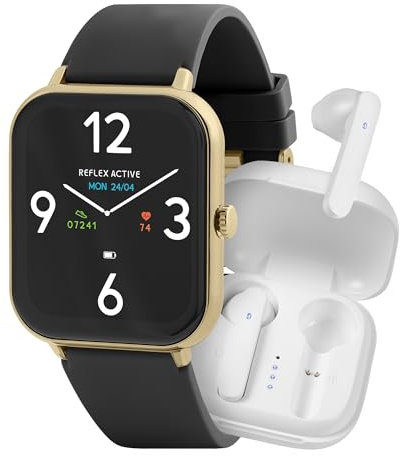 Reflex Active Series 23 Gold Plated Black Strap Smart Watch and True Wireless Sound Earbud Set