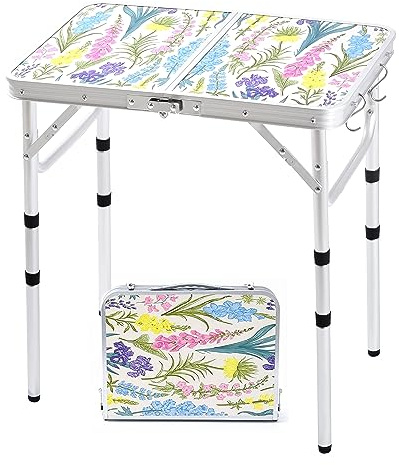 Yriuat Folding Camping Table 2ft Portable Pinic Table Adjustable Height Small Card Table Aluminum Foldable Lightweight with Carry Handle for Outdoor Indoor Hiking Camp BBQ Beach (Blooming Floral)