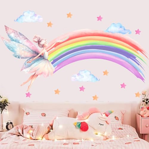 HGDESIGN® Wandtattoo Wandaufkleber Fee Elfe Pilz Blumen Regenbogen Einhorn Wandsticker Wandbild Kinderzimmer Babyzimmer Schlafzimmer Kind Baby Mädchen Wanddeko (F)