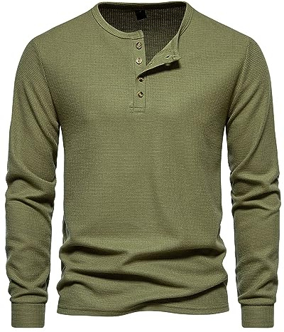 Camisa tipo polo MakingDa de hombre con manga larga, ajuste entallado, cuello abuelo, Henley, con botones, Ejercito Verde, L