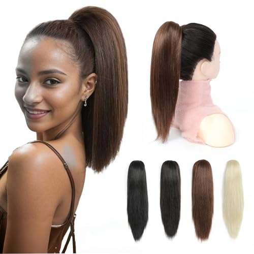PARXITN Claw Jaw Clip in Pferdeschwanz Haarverlängerung Synthetisches Haarteil Mittelbraun 30 cm Gerade Kurzer Pferdeschwanz Extensions für Frauen