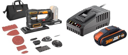 WORX - Ponceuse Multi Sans Fil - WX820.9-20V - 4000-10000/min Noir & Kit de démarrage pack Batterie et chargeur rapide 20V - PowerShare - WA3601