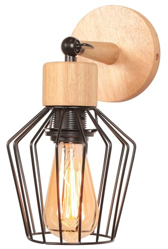 LIGKIN Industrielle Wandleuchte Vintage E27 Wandlampe Holz, Lampenschirm Metallkäfig Design Einstellbare Deckenleuchte Retro Lampe Schwarz für Küche Treppe Flur