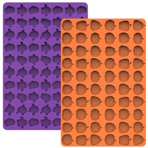 Butabeishy Halloween Silikon-Gussformen Set, 2 Stück, Kürbis & Geist | 60 Kavitäten je Form, 20 x 30 cm Größe, Für Schokolade & Gummis, Lila & Orange Farben, Wiederverwendbar
