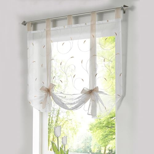 WAZUBC Tenda a Pacchetto con Ricamo, 120 x 140cm In Voile Trasparente per Cucina, Soggiorno, Camera da Letto (cachi)
