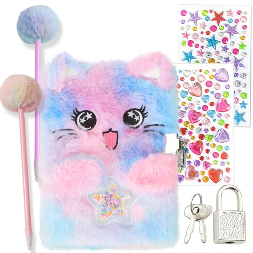 Belegao Secret Diary with Lock for Girls, Fluffy Journal with Lock Keys Pen Rhinestone Stickers Plush Secret Diary Notebook Set for Home School Travel Writing (Big Eyes Cat Purple Tie-Dye)