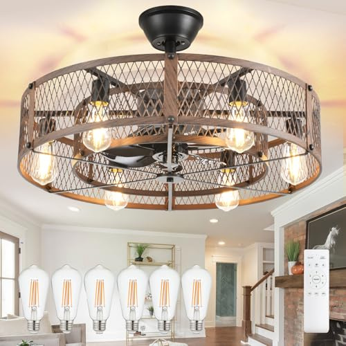 DINGLILIGHTING Ventilateur de plafond avec cage et éclairage: ventilateur rustique de 26 pouces avec éclairage et commande via - Moteur CC silencieux noyer pour chambre à coucher ou cuisine
