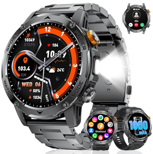 LIGE Montre Connectée Homme avec Appel Bluetooth-1000mAh Batterie,1.75HD Grand Écran/LED Lampe,24/7 Sommeil/Fréquence Cardiaque,110 Sportifs IP68 Étanche Smartwatch Homme pour Android iOS, 3 Sangles
