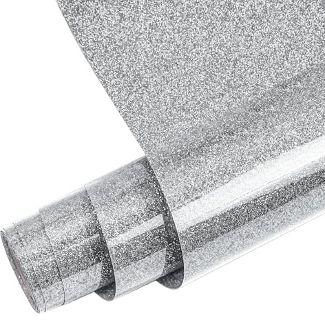 FORBELL Glitter plotterfolie textil, 30,5 cm x 1,5 m överföringsfolie textil för gör-det-själv-t-shirts, kläder och textilier (glitter silver)