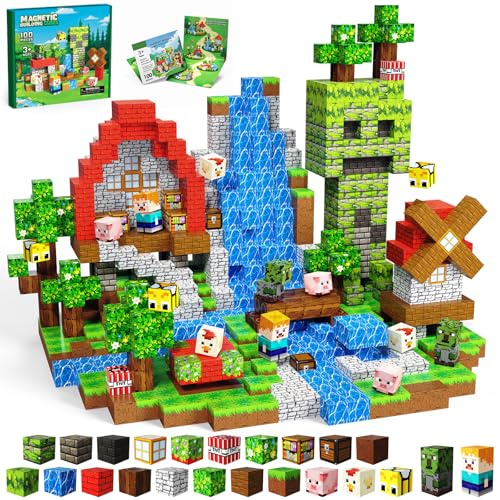 SSAWER Magnetische Bausteine Bauspielzeug 100 Pcs Magnetbausteine für Kinder Montessori Kreative Spielzeug ab 3 4 5 6 7 8 9 10 Jahre Junge und Mädchen Magnetic Blocks Geschenke für Kinder （Wald）