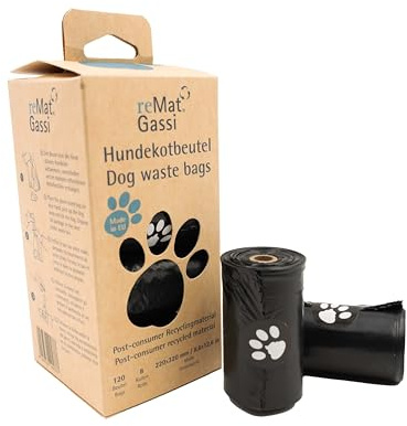 reMat Hundekotbeutel, 120 Stk. Extra Starke Hundekotsäcke aus 80% Recyclingmaterial, Reißfest und Blickdicht, Schwarz, Hergestellt in der EU