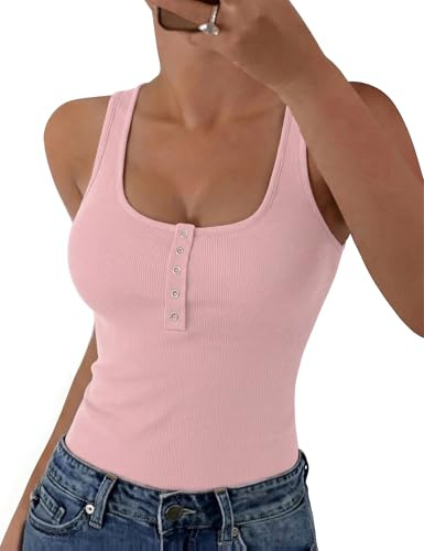 Aottori Camiseta Mujer sin Mangas para Verano Tejido Acanalado con Cuello U | Botones Frontales, Corte Ajustado, Estilo Casual, Forma de Túnica, Acabado Liso, para Uso Casual