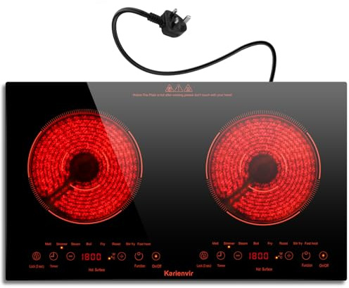 Karienvir Plug in Ceramic Electric Hob 2 Ring Portable(Orange), 3600W | 8 Cooking Functions, 9 Power Levels, Timer, Child Safety Lock, Ideal for Backyard or Outside, Built-in or Countertop