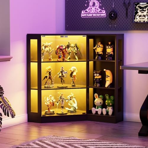Elancee Beleuchtete Glasvitrine mit LED Sensor, moderner Vitrinenschrank & Standvitrine, 6 Etagen Sicherheitsglas Vitrine für Sammlerstücke Wohnzimmer Schlafzimmer Büro,Schwarz