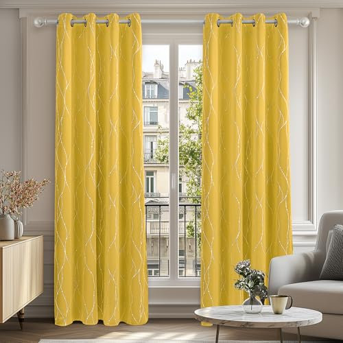 Deconovo Dot Line Decorative Super Soft Thermal Insulated Blackout Curtains for Living Room Mellow Yellow 66x72 Inch 2 Panels