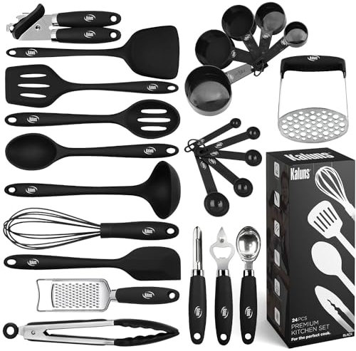 Kaluns Silicone Kitchen Utensils Set 24 Pcs Silicone Cooking Utensils Set - Can Opener, Masher, Turner, Spatula 446°F Heat Resistant Non-Stick - Premium Utensil Set