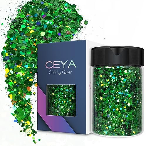 Ceya Holographischer grober Glitzer, 120 g, grünes Bastel-Glitzerpulver, gemischte dicke und feine Flocken, schillernde Nagel-Pailletten für St. Patricks Day Party-Dekor, Epoxidharz, Becher, Schleim
