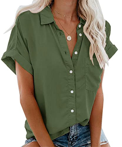 Xnova Chemisier Femme Manches Courtes Col V Chemise T-Shirt Été Couleur Unie Élégant en Mousseline Boutons avec Poche Casual Chic Short-Sleeve Blouse Tops(Vert, M)