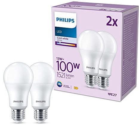 Philips pack de 2 ampoules LED E27, 100W, 4000K, blanc froid