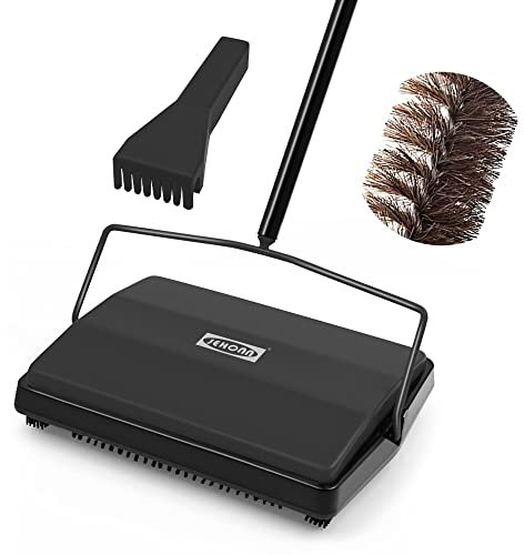 JEHONN Carpet Floor Sweeper Manual with Horsehair, Non Electric Quite Rug Roller Brush Push for Cleaning Pet Hair, Loose Debris, Lint (Black)