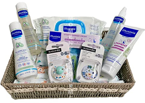 Canastilla Bebé Recién Nacido Cesta Regalo Unisex Niño Niña Kit Higiene Completo con Gel Champú Colonia Toallitas Pañales Chupetes y Broche Pack Bebé Recién Nacido Baby Shower Bautizo Mamás Primerizas