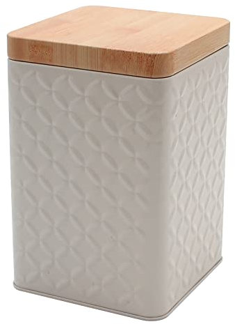 Dekohelden24 Boîte de conservation/boîte à biscuits en métal gris, couvercle aspect bois, dimensions (L x l x H) : environ 10 x 10,5 x 16 cm