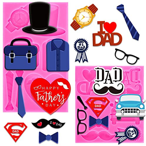 Whaline 2Pcs Father's Day Fondant Molds I Love DAD 3D Silicone Moulds Watch T-shirt Mustache Tie Pattern Resin Molds Cupcake Cookie Baking Decorating Moulds for Happy Father's Day Party DIY Candy