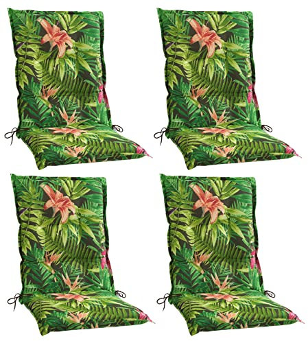 Home4You Gartenstuhlauflagen Mittellehner 4er Set - 110 x 50 cm - Grün - Dschungelmotiv - Baumwolle - Polyester - Sesselauflage Sitzpolster Stuhlauflage