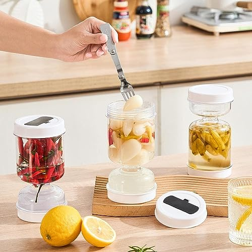 Youning Gurkenglas zum Umdrehen Essiggurken Behälter Sanduhr mit Faltbarer Gabel Luftdichtes Gurkenglas Essiggurkenglas für Oliven Ananas Gurken Fliped Pickle Jar (3)