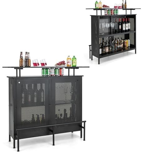 COSTWAY Table de Bar, Ilot Central Cuisine, Cadre en Métal, Pieds Réglables, Supports à Verres, Étagères, Repose-Pied en Métal, Mange Debout pour Cuisine, Bistrot (Noir)
