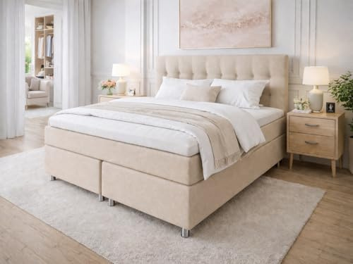 Tesla Dreams Boxspringbett 200x200 Ronda, 7 Zonen Taschenfederkern-Matratze H2/H3, 5 Jahre Garantie, Topper Komfortschaum, Unterbau Taschenfederkern, Montage verfügbar, Beige