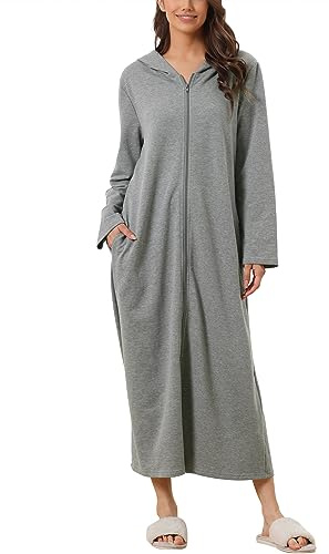 cheibear Damen Robe mit Reißverschluss vorne und Kapuze Hauskleid Nachthemd Hausmantel Kapuzenpullover langer Loungewear Bademantel Dunkel grau XXL