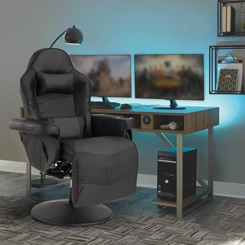 Consofa Gaming-Stuhl mit Fußstütze, Massage-Gaming-Stuhl, PU-Leder, Liegestuhl mit Verstellbarer Höhe, drehbarer Spielstuhl mit Lendenwirbelstütze, Getränkehalter, Seitentasche