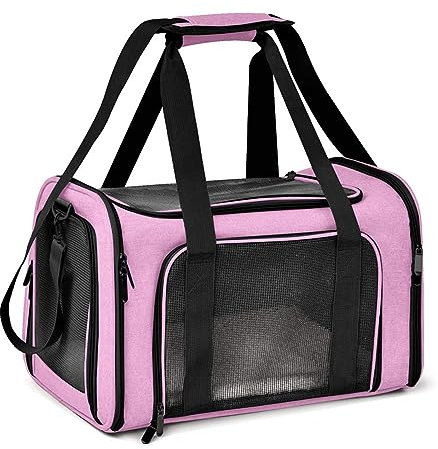 PETCUTE Transporttasche für Katze Hund,Faltbare Hundetransportbox,Katzentransportbox mit Schultergurt und Abnehmbare Weiche Matte,Atmungsaktives Haustiertragetasche mit großer Tasche,Rosa,L