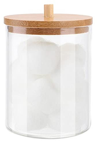 Acrylic Cotton Ball Holder with Bamboo Lid,Vanity Cotton Wool Bud Jar Cotton Swab Dispenser Round and Square Cotton Swabs Storage Box Container Cosmetics Organiser for Bathroom Guest Room Counter (B)