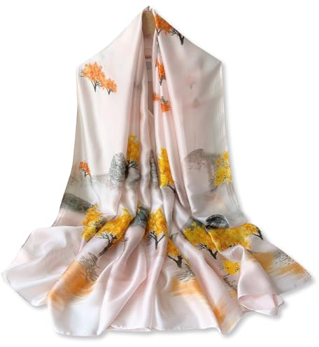 LumiSyne Seidenschal Damen Bunte Blumen Schmetterling Muster Mode Eleganten Stil Lange Große Schals Leicht Warme Halstücher Stola Sonnencreme Kopftuch Strand Wrap Ganzjährig