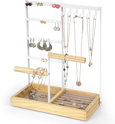 Winter Shore Organizer Schmuck mit 4 Ebenen - 48 Löcher für Ohrringe, 6 Haken für Halsketten - Ohrringe, Ringe, Uhren, Armbänder & Kettenständer Schmuck - Deko-Schmuckständer Weiß Metall & Holz