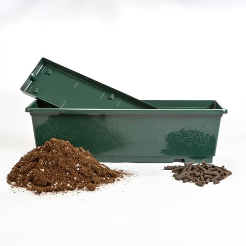 VIVES ORNAMENTALES Pack Jardinera Verde Pino mas Plato con Mezcla de Turba Rubia y Negra y Abono Ecológico de Oveja en Pellet. (Verde Pino)