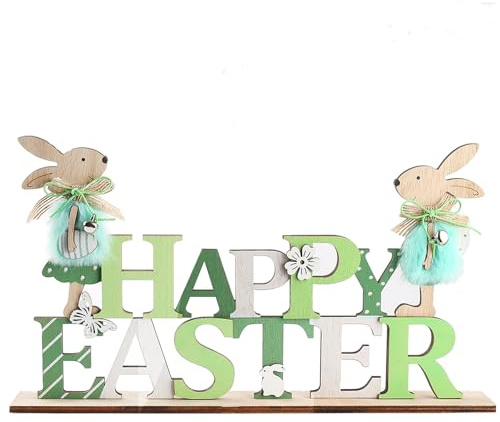 HERZWILD Decorazione pasquale da appoggiare, scritta con simpatici coniglietti pasquali, decorazione pasquale in legno, per Pasqua (B-Happy Easter 2 coniglio)