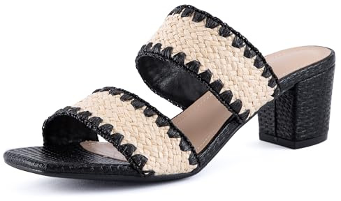 N.N.G Women's Two Strap Straw Braided Open Toe Low Block Chunky Heels Sandals Dress Pumps Shoes Black size 9