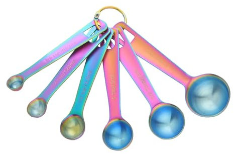Measuring Spoons Set of 6, Stainless Steel Measuring Spoon with Accurate Measurement Markings and Removable Clasp, Teaspoon Measure Spoon for Dry and Liquid Ingredients (Rainbow, Round)
