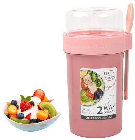 2 in 1 Muesli Cup To-Go Travel Mug with Yogurt and Cereal Compartment, Airtight Lid Container for Salad, Porridge, Cereals, Fruit - 560ml + 230ml (Pink)