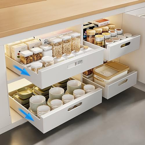 Herfair Teleskopschublade, Ausziehbare Schublade Küche Aufbewahrungsregal Schubladeneinsätze für Küchenschrank, Slide Out Drawer Cabinet Organizer Küche (2 Stück, 35cm)