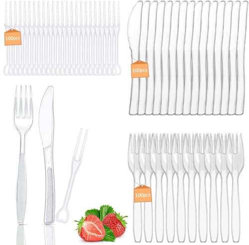 Heavy Duty Plastic Cutlery Set, 300PCS Set, 100Forks 100Knives 100Fruit Forks, Transparent, Perfect for Parties & Dinners