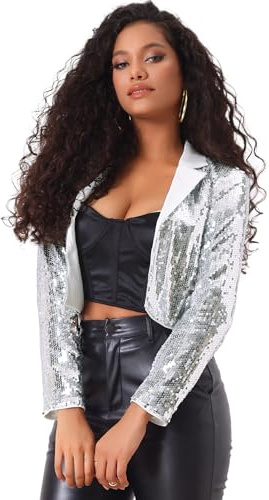 Allegra K Giacca con Paillettes da Donna Cardigan con Colletto a Bavero da Festa Aperto sul Davanti Blazer Corto Scintillante da Festival per Halloween Argento M