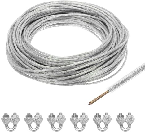 sourcing map Cuerdas de alambre con revestimiento de vinilo transparente de 3 mm, cable de acero galvanizado de 30 m con 6 fundas de bucle M3 para colgar luces de cadena, barandilla de cubierta,