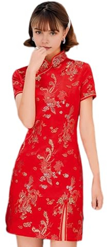 Altsuceser Cheongsam - Vestido Qipao para mujer, cuello alto, estampado de dragón y fénix, dobladillo dividido, color rojo, talla M
