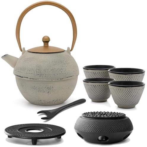 Bredemeijer Gusseisen Teekanne Set Induktion1.2 Liter - graue Gusskanne asiatisch & Edelstahl-Filter für losen Tee & 4 Tee-Becher & Stövchen & Untersetzer & Deckelheber