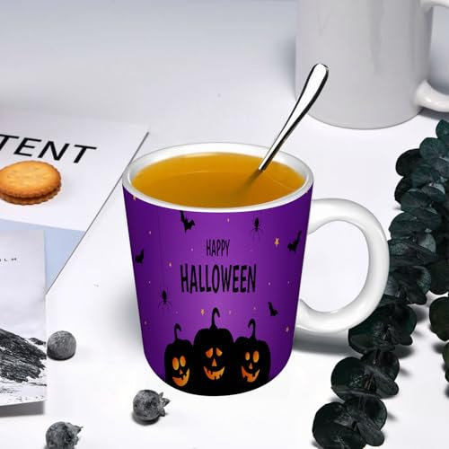 YOIUE Tasse aus Keramik - Große 11oz Tassen 330ml Kaffeetassen mit Henkel, 100% Handbemalt - Trinkgläser mit Griff - Weiß,Fröhliche Halloween-Kürbisse auf violettem Hintergrund.